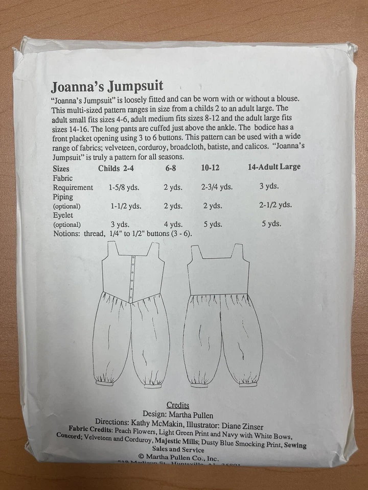 Martha Pullen Pattern Joanna Jumpsuit Child 2 to 16 Adult S M L Cut Vintage - Image 2 of 3