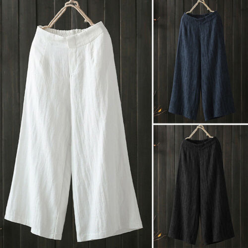 Women Cotton Linen Pants Capri Culottes Cropped Wide Leg Elastic Waist Trousers