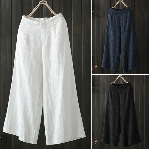 Women Cotton Linen Capri Culottes Cropped Wide Leg Elastic Waist Trousers Pants - Picture 1 of 18