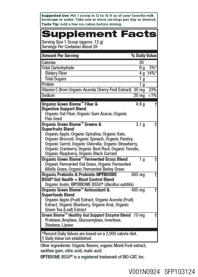 Superalimento verde Purity Products Green Biome Elite + probiótico Optibioma diario Foto 2 de 2