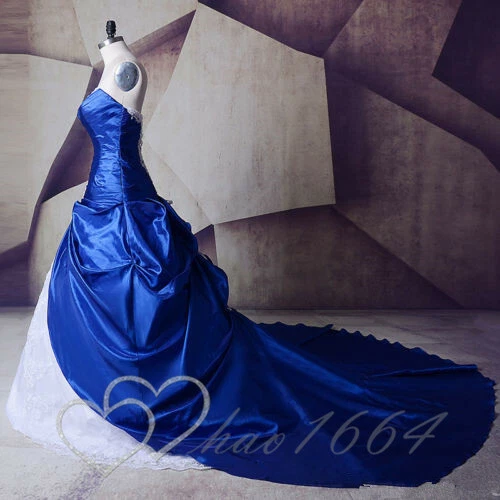 Vintage Royal Blue Wedding Dresses Satin Gothic White Bridal Dress Lace Applique - Picture 4 of 13