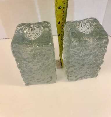 MCM Mid Century Art Glass Ice Cube Glacier Block Candle Holders 4  Textured Bark