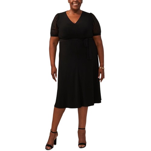 MSK Womens Black Knit Swiss Dot V-Neck Midi Dress Plus 2X BHFO 7166