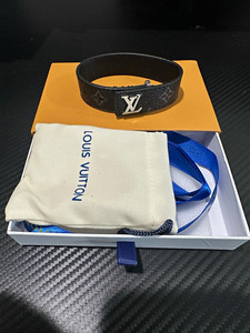 Louis Vuitton Men's Black Leather LV Logo Cuff Bracelet w/ Box Dust Bag