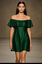 H Halston Emerald Green Metallic Off The Shoulder Ruffle Dress Sz 8 NWT