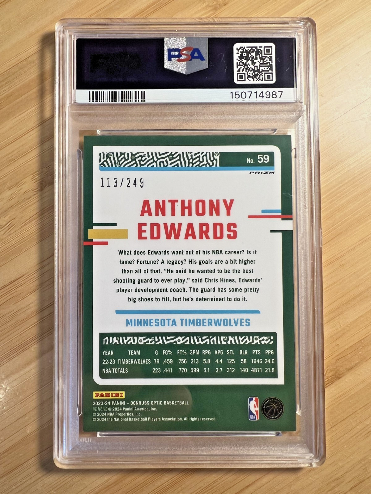 2023 Panini Donruss Optic #59 ANTHONY EDWARDS Aqua SP /249 PSA 9 Pop 11 view 2
