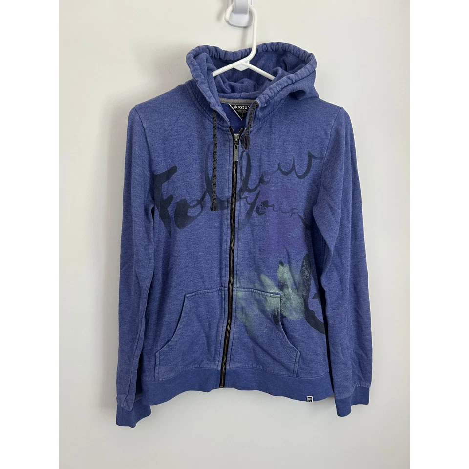 ROXY Y2K Blue Zip Up Hooded Graphic Sweatshirt - Size Medium - Image 2 of 4