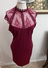FIRIA Burgundy Lace High Neck Sheath Dress Sleeveless Size L
