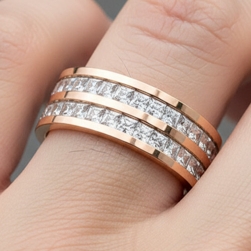8mm Rose Gold Eternity Ring – double Row Princess Cut CZ Wide Wedding Band