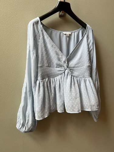 Camicetta babydoll American Eagle top donna blu medio trasparente ricamata con volant - Foto 10 di 16