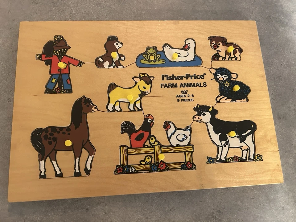 FISHER PRICE Wooden Lot VINTAGE 1970 Puzzles Nursery Rhymes Animals #507 # 510 - Image 3 of 4