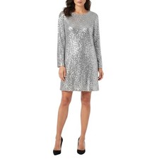 AQUA Women's Cocktail Dress Size 14 Silver Sequined Long Sleeve Mini Shift