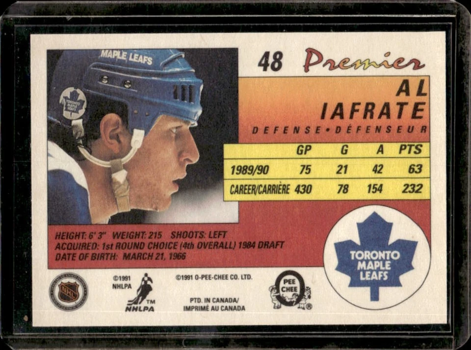 1990-91 O-Pee-Chee Premier Al Iafrate #48 Maple Leafs - Image 2 of 2