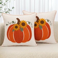 Orange Pumpkin Sunflower Chenille Pillow Covers 18 x 18 Inch
