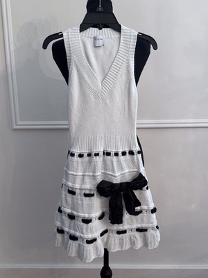 RED Valentino White Crochet Knit Mini Dress Black Taffeta Bow XXS Fit Flare