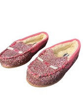 Lands End Pink Glitter Kitty Cat Face Moccasin Slippers Faux Fur Lining Sz 2
