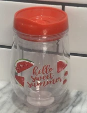 Stemless Drinking Glass with Lid 16 Oz Summer Fun Plastic Hello Summer
