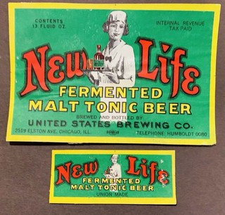New Life Malt Tonic Beer Labels United States Brewing of Chicago IL IRTP 13oz