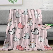 Soft Plush Flannel Cat Blanket Geometric Cat Faces Paw Print Design Lightweight  
