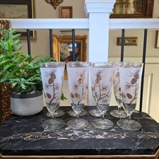 Vtg Gold Pinecone Frosted Glasses Set of 8 MCM Holiday Barware Iced Tea Goblets