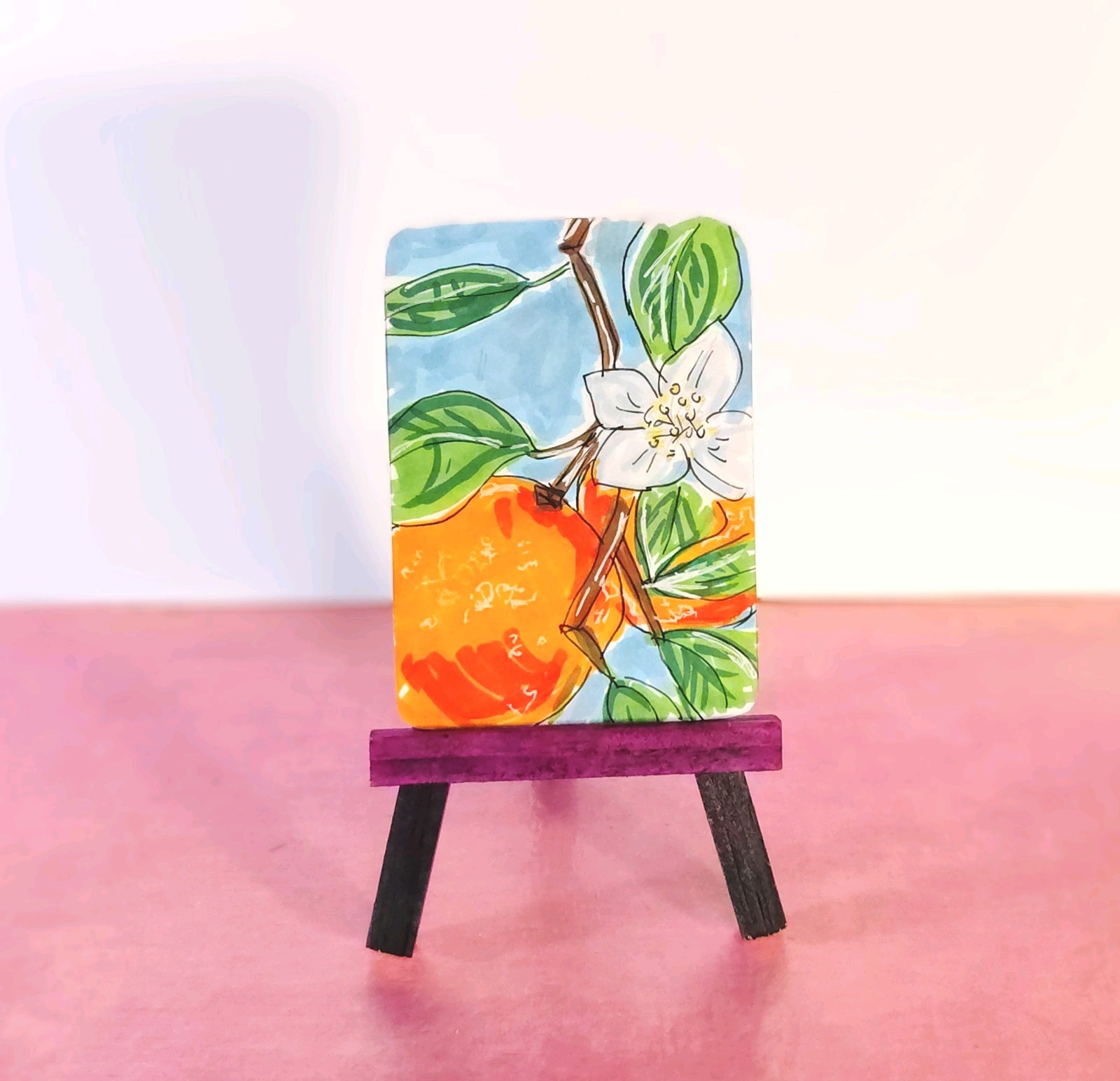 ACEO Original Art Colorful Orange Tree Blossom Flower Leaves Sketch Illustration