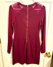Express Burgundy Solid Sheer Mesh Zip Front Mini Dress Long Sleeve Round Neck S