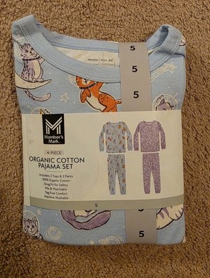 New Organic Cotton Pajama Set of 2 Child Size 5 yo Members Mark Cats & Stars