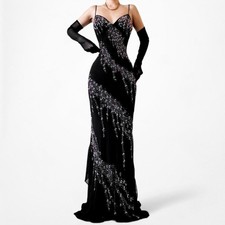 Vintage Black Silk Ruffle Floral Beaded Bodycon Maxi Formal Prom Dress Size S