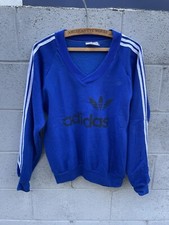 Vintage Adidas Trefoil Sweatshirt V Neck Blue Medium 1970s 3 Stripe