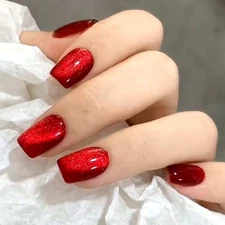 MEDIUM *RED CAT EYE* Full Cover Shimmer Square 24 Nail Tips Press On Glue Set!