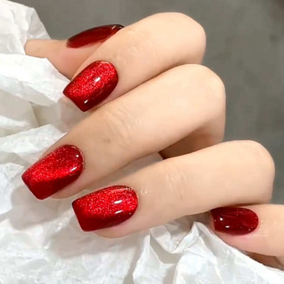MEDIUM *RED CAT EYE* Full Cover Shimmer Square 24 Nail Tips Press On Glue Set!