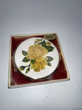 Vintage Eisho Japan Powder Compact Yellow Roses, Rose Gold & Green Leaves NOS