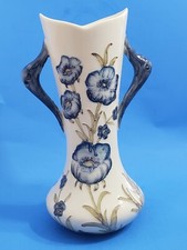 VTG Florian Ware Porcelain Vase Blue Poppy Design Duck Head Handles Hand Painted