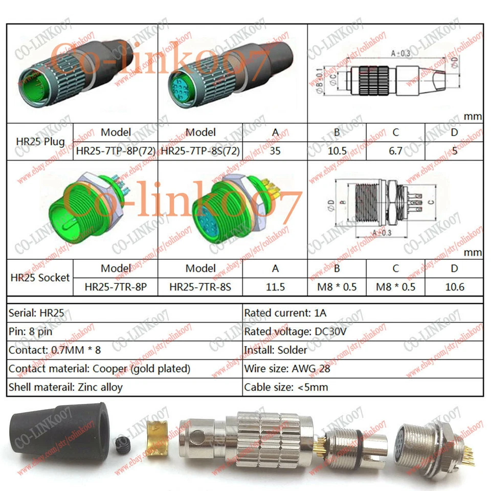 Hirose 8pin Aviation Connector, HR25-7TP-8P(72) HR25-7TR-8S for ACC-01-3006 - Image 2 of 4
