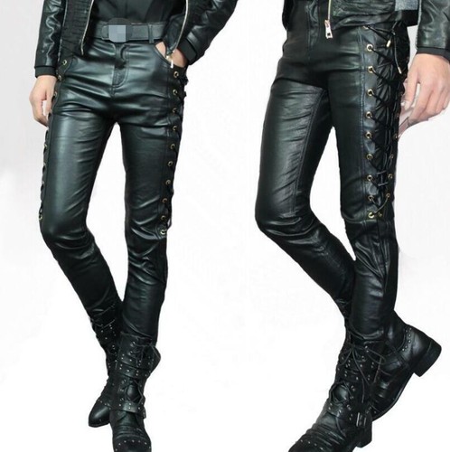 Mens Gothic Faux Leather Trousers Punk 