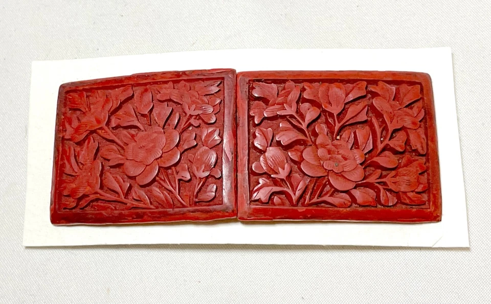антикварная китайская резная лакированная прямоугольная пряжка ремня 1800-х годов ручной работы из киновари - Изображение 2 из 4