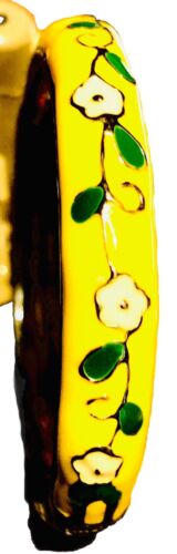 VTG Chinese Peony Cloisonné Enamel Brass Hinged Bangle Bracelet, Yellow 36 Grams - Picture 2 of 4