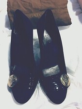 GUCCI VTG LOGO BROWN NUBUCK LEATHER PATENT PUMPS SHOES 35 C /5 USA