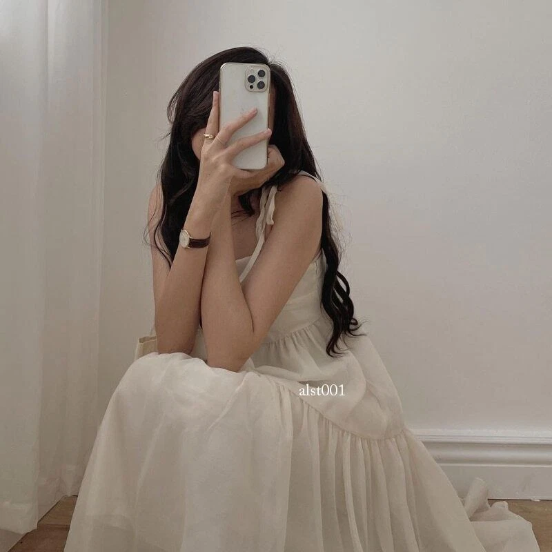 OFF WHITE Abito estivo alla moda coreana senza maniche stringhe nero casual abito midi