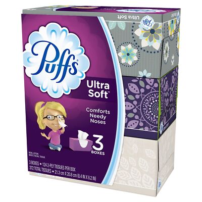 Puffs Ultra Soft Non-Lotion Facial Tissues 3 Family Boxes (372 Total Tissues)