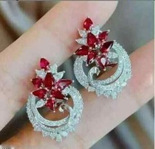 3Ct Pear Cut Lab Created Red Ruby Drop  Dangles Earrings 14K White Gold Plated