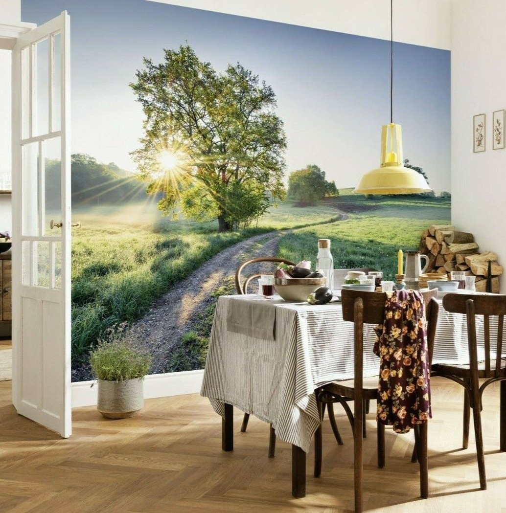Dining room photo wallpaper Full size wall mural Meadow trail green tree village