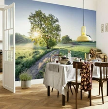 Dining room photo wallpaper Full size wall mural Meadow trail green tree village