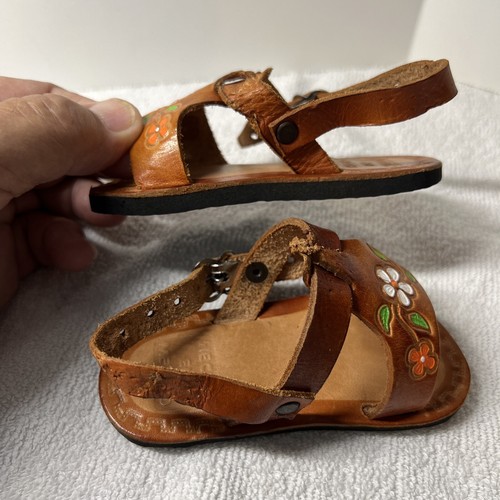 Handmade Mexico Baby Toddler Girl Flower Leather Sandals Size 2 - Picture 4 of 9