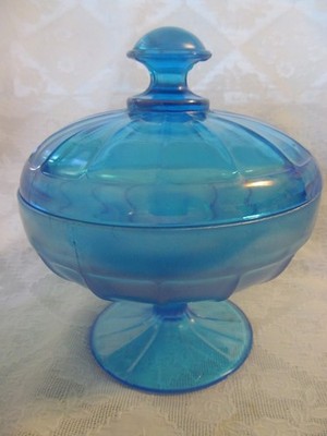 1920s Fenton Celeste Blue Iridescent Stretch Glass Covered BonBon Candy Dish