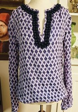 Tory Burch Tunic 100% Silk Blouse Flowers V Neck Long Sleeve Pom Pom Women's 6