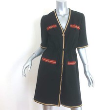 Gucci Tiger Button Striped-Trim Drawstring Mini Dress Black Crepe Size Large