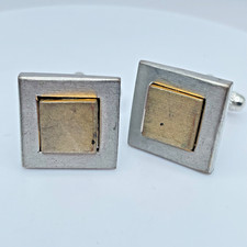 Vintage 1950s-1960s Two-Tone Brushed Finishes Metal Square Bullet Back Cufflinks