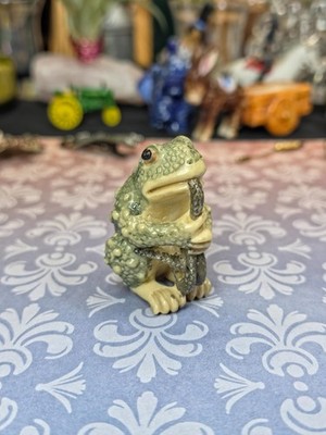 Miniature Resin Netsuke Toad Frog Eating Snake Solid Figurine 1.5  Vintage Style