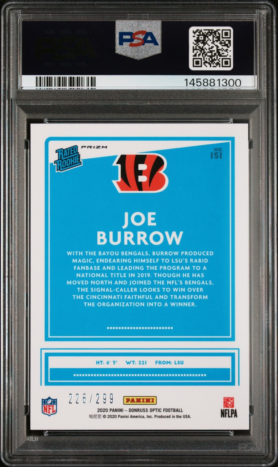 JOE BURROW 2020 OPTIC ROOKIE RC #151 AQUA PRIZM #226/299! PSA 9 MINT BENGALS LSU view 2